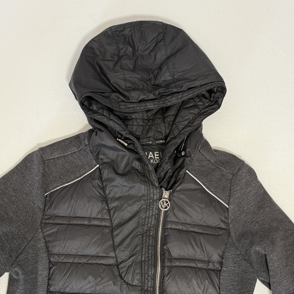 Michael Kors Black Knit-Sleeve Puffer Coat Hooded Zip Up Women's Size‎ Small - Picture 8 of 9